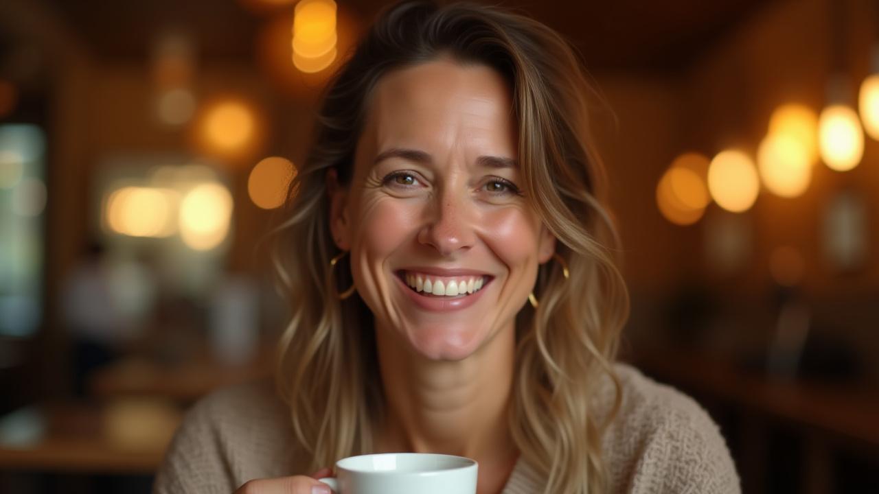 Lumen Cafe founder smiling in the beautifully lit cafe interior, holding a coffee cup.