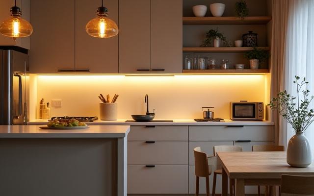 A home kitchen designed with cafe-style lighting, including under-cabinet lights and decorative fixtures.