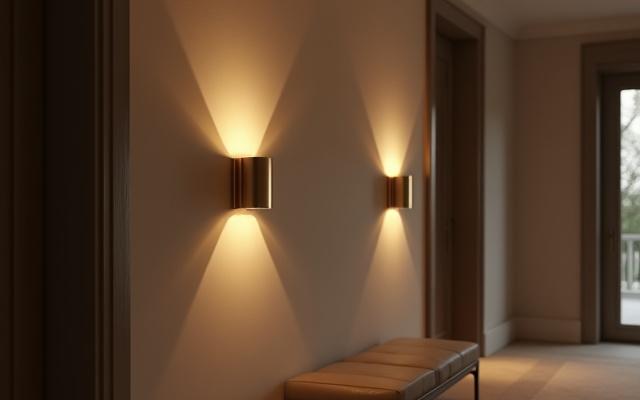 A modern living room featuring elegant wall sconces that provide soft, diffused lighting.