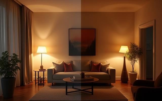Before and after photos showing a dramatic improvement in a living room's lighting scheme.