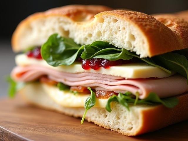 Close-up detail of a gourmet sandwich, highlighting fresh ingredients and appealing texture.