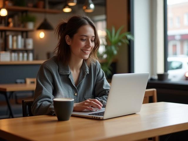 A customer comfortably working on a laptop at a well-lit table in Lumen Cafe.