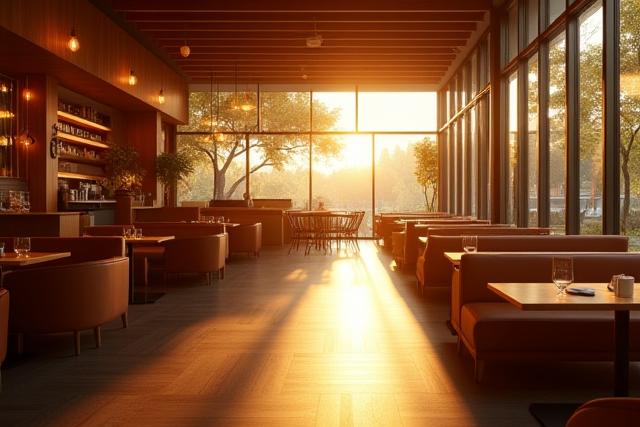 Wide shot of Lumen Cafe interior, showing warm lighting and comfortable seating designed to inspire.
