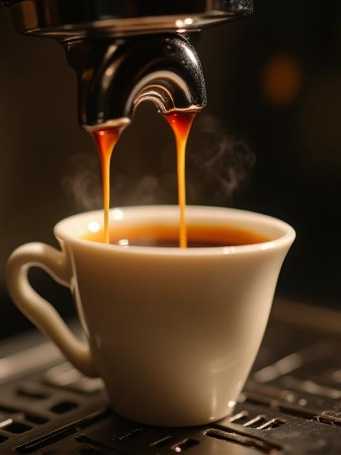 Close-up of a barista expertly pulling a shot of espresso, rich crema forming.
