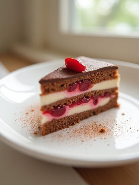A slice of gourmet cake beautifully presented on a plate, with soft focus background.