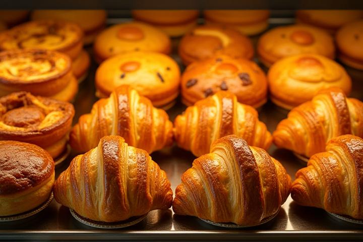 Display case filled with freshly baked pastries, illuminated from above.