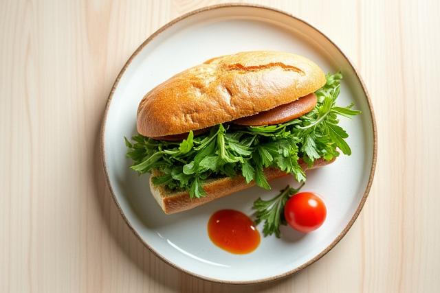 A beautifully arranged plate with a gourmet sandwich and side salad under natural light.