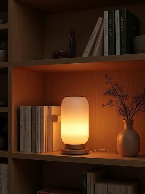 Small, elegantly designed accent lamp on a bookshelf, providing soft ambient light.