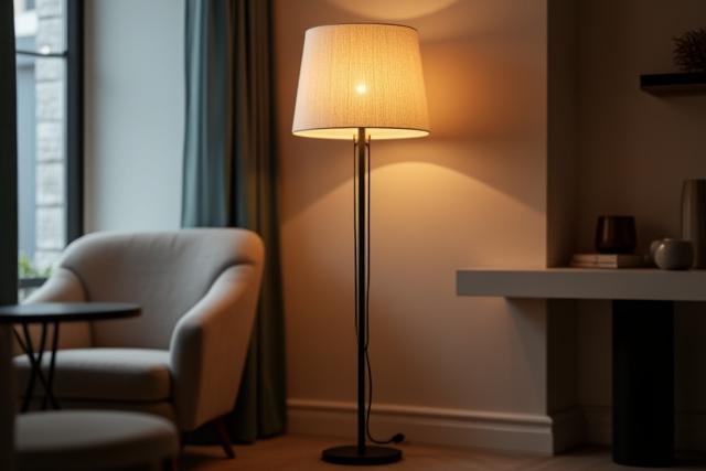 Stylish floor lamp with a unique shade, complementing modern decor in a cafe setting.