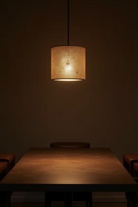 Artisanal brass pendant lighting fixture glowing softly above a communal table.