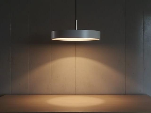 A modern, minimalist pendant light fixture hanging from a cafe ceiling