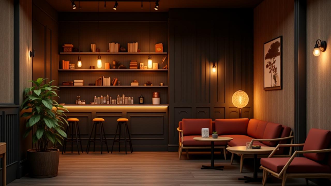 A warm, inviting interior of Lumen Cafe with various designer lighting fixtures contributing to its unique ambiance.