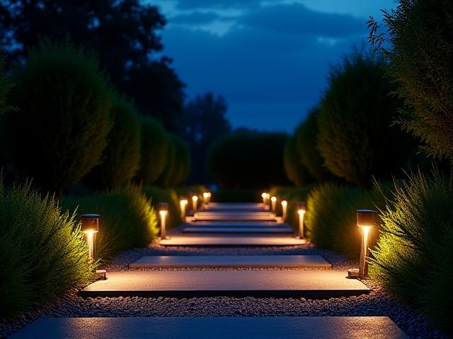 Modern outdoor pathway lights illuminating a garden path at dusk.