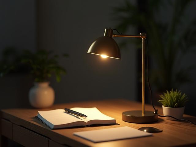 Elegant brass desk lamp illuminating a contemporary workspace.