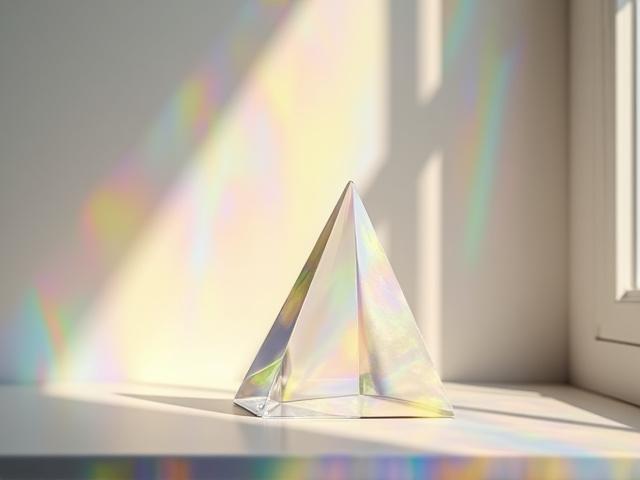 Geometric prism art piece catching and refracting natural light.