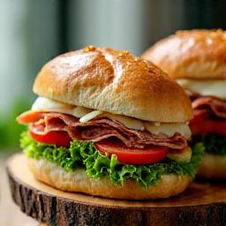 Gourmet sandwich on a wooden board